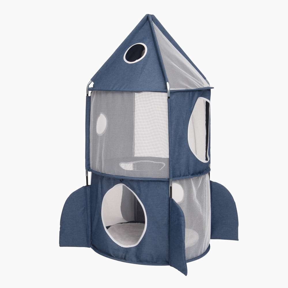 Tour Rocket Vesper bleue pour chat, vue détaillée de la structure pliable en fusée.