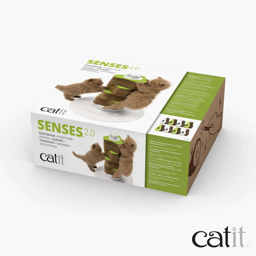 Emballage du griffoir Catit Senses 2.0, vue d’angle avec image du produit, sur fond blanc.