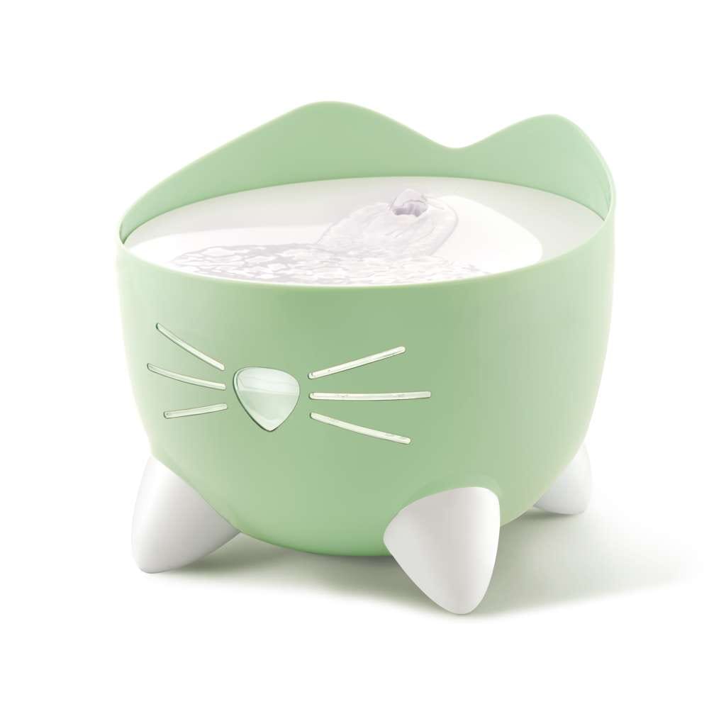 Fontaine Catit PIXI verte, vue d’angle, avec design en forme de chat, sur fond blanc.