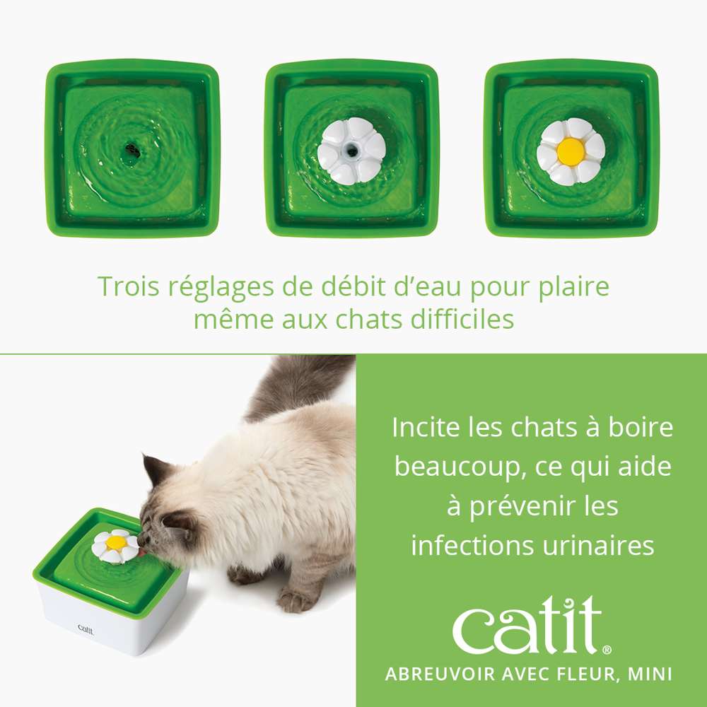 Trois réglages débit mini Catit : doux, cascade bulles et ruissellement apaisant.