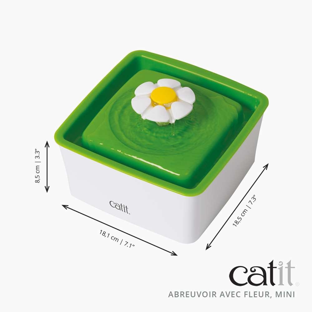 Guide dimensions fontaine mini Catit : 19x19x9,5 cm, capacité 1,5 litres.