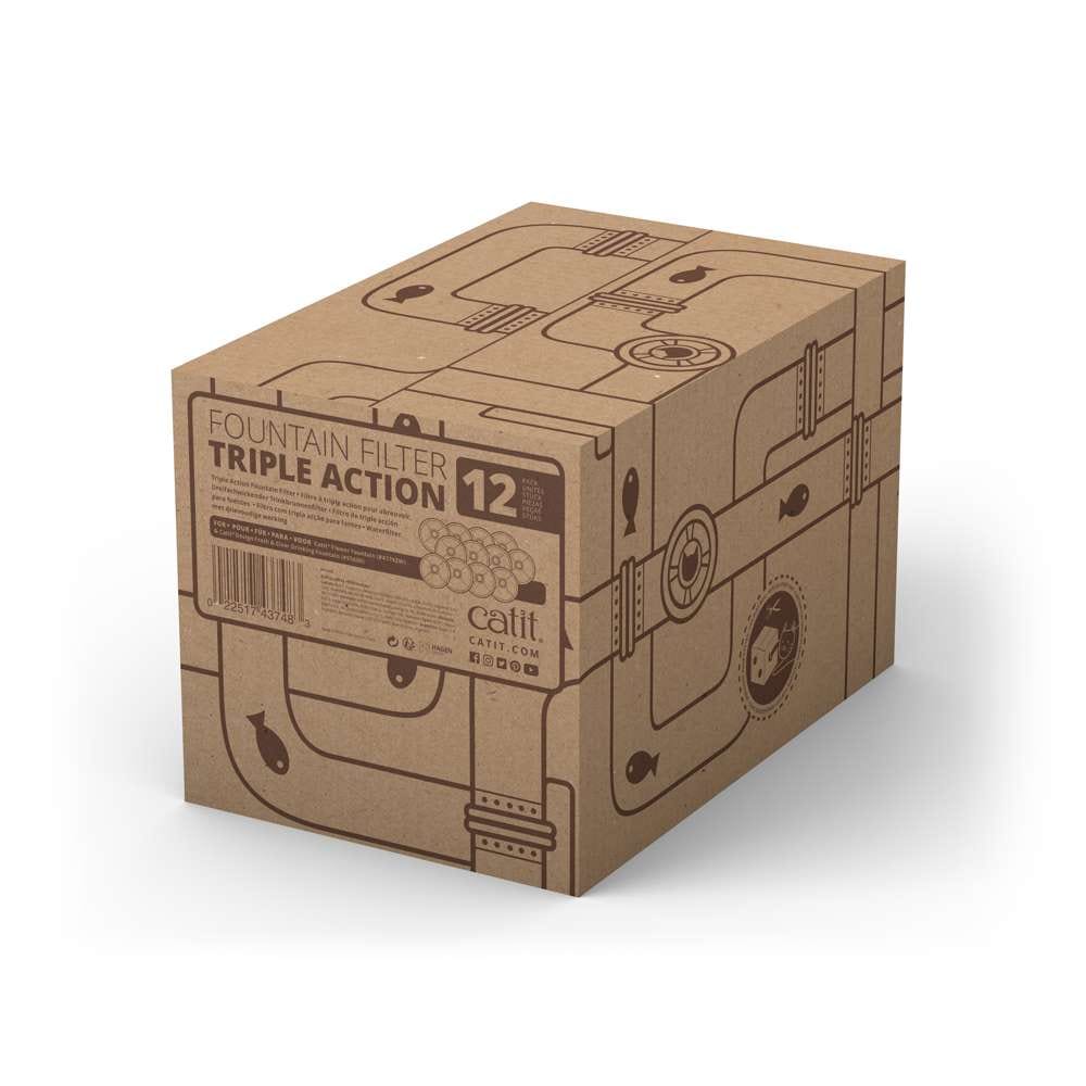 Emballage du pack de 12 filtres triple action pour fontaine à eau Catit, vue arrière.