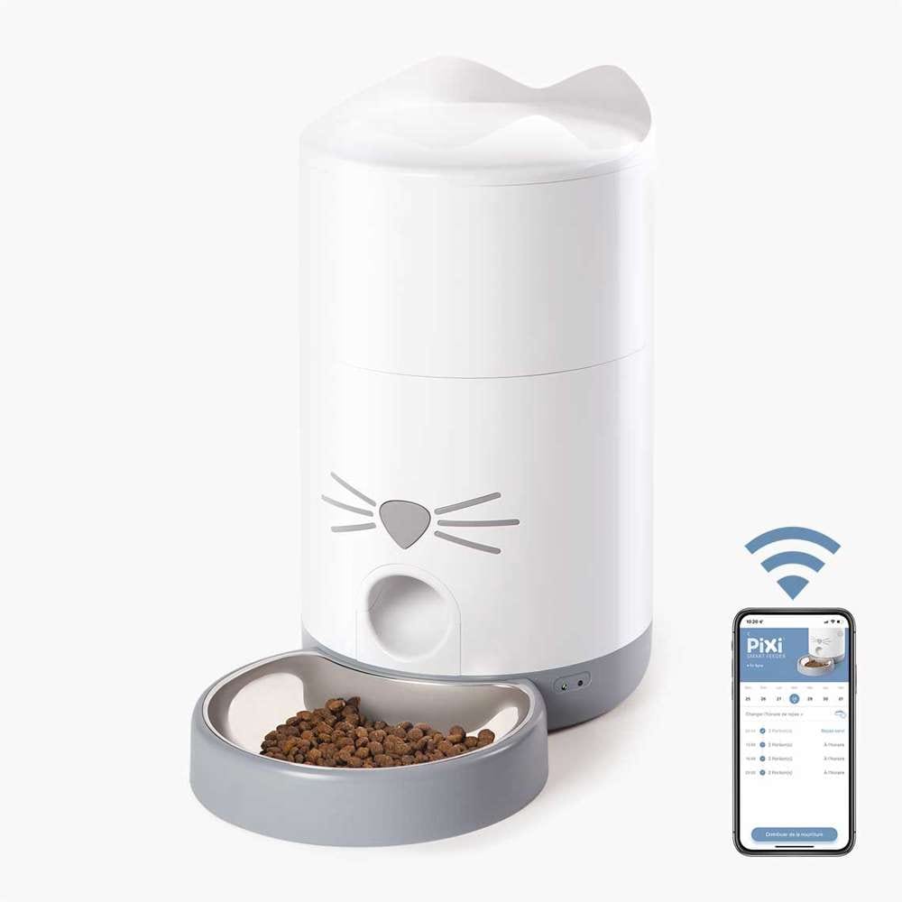 Distributeur Catit Pixi Smart connecté WiFi avec appli mobile gratuite programmant horaires de repas sur smartphone.