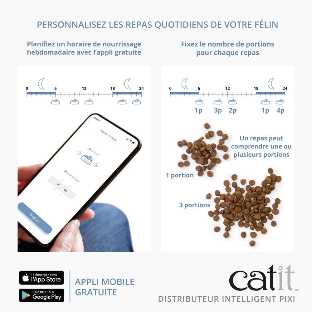 Appli Catit Pixi planifiant horaires hebdomadaires jusqu'à 12 repas par jour avec portions personnalisables.