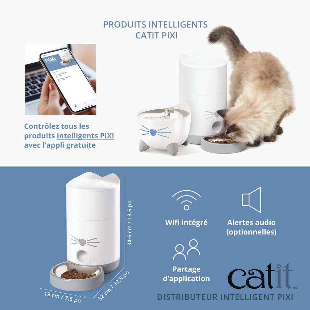 Gamme produits intelligents Catit Pixi contrôlés par appli gratuite, WiFi intégré et alertes audio.