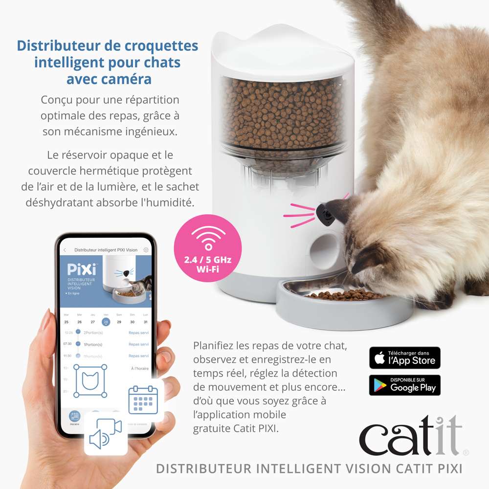 Distributeur Catit PIXI Vision avec réservoir rempli, chat mangeant, app pour planifier repas, sur fond blanc.