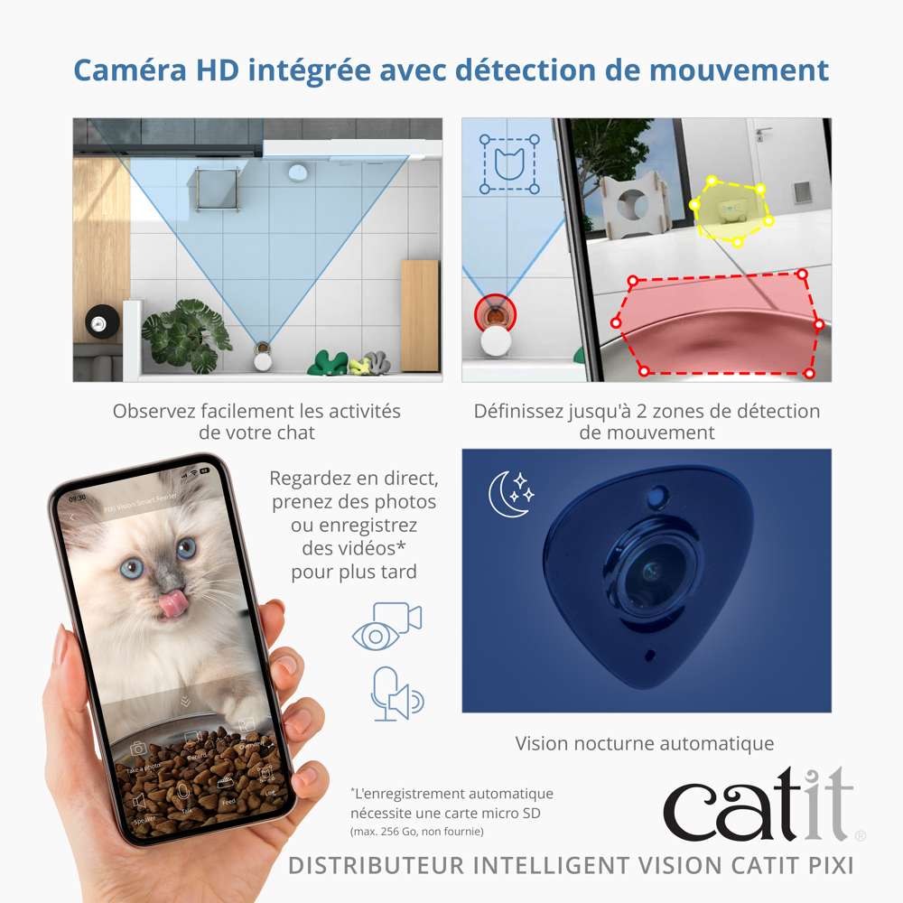 Caméra HD Catit PIXI Vision avec zones de détection, enregistrement vidéo et vision nocturne, sur fond bleu.