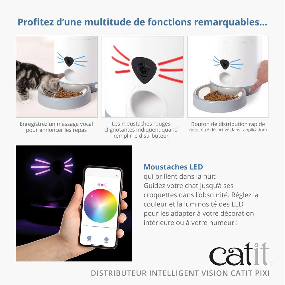 Fonctions Catit PIXI Vision : message vocal, moustaches LED, bouton distribution rapide, sur fond bleu.