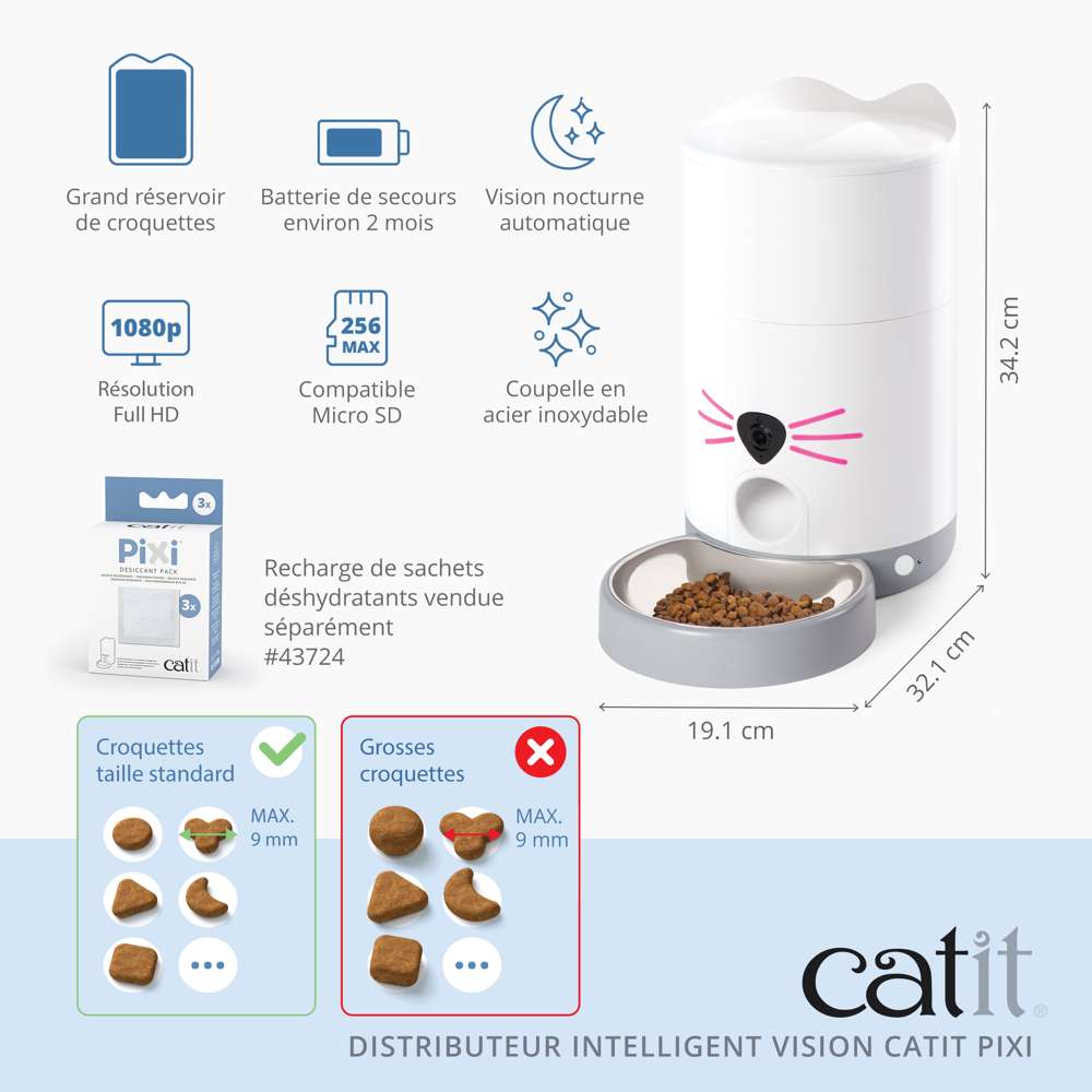 Caractéristiques Catit PIXI Vision : réservoir 2,9L, batterie secours, caméra HD, dimensions, sur fond bleu.