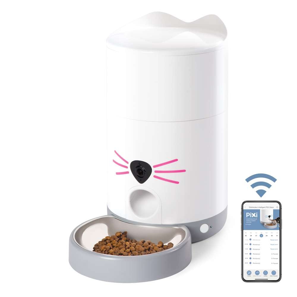 Distributeur Catit PIXI Vision blanc avec caméra et app mobile, coupelle avec croquettes, sur fond blanc.
