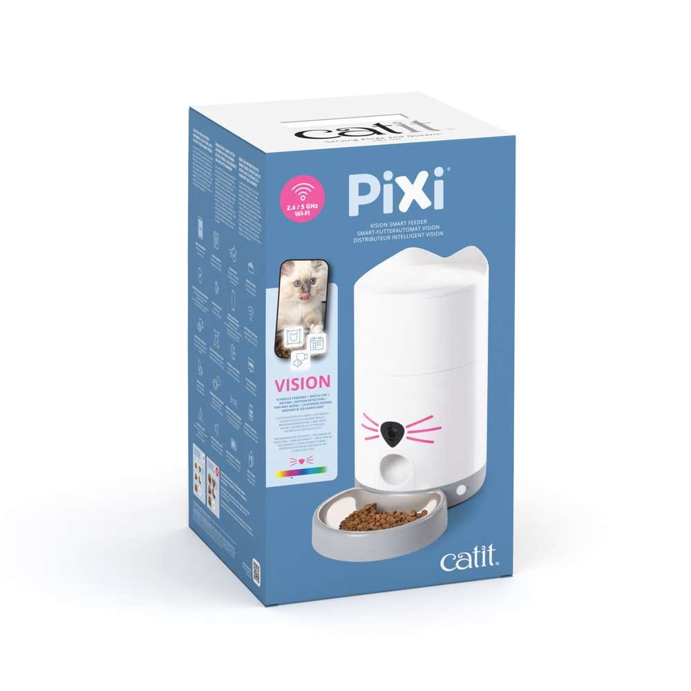 Emballage du distributeur Catit PIXI Vision, vue d'angle avec image du produit, sur fond blanc.