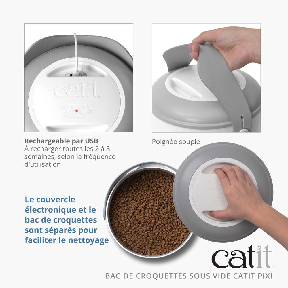 Récipient Catit PIXI Smart Vacuum avec couvercle transparent et joint étanche pour conservation optimale.