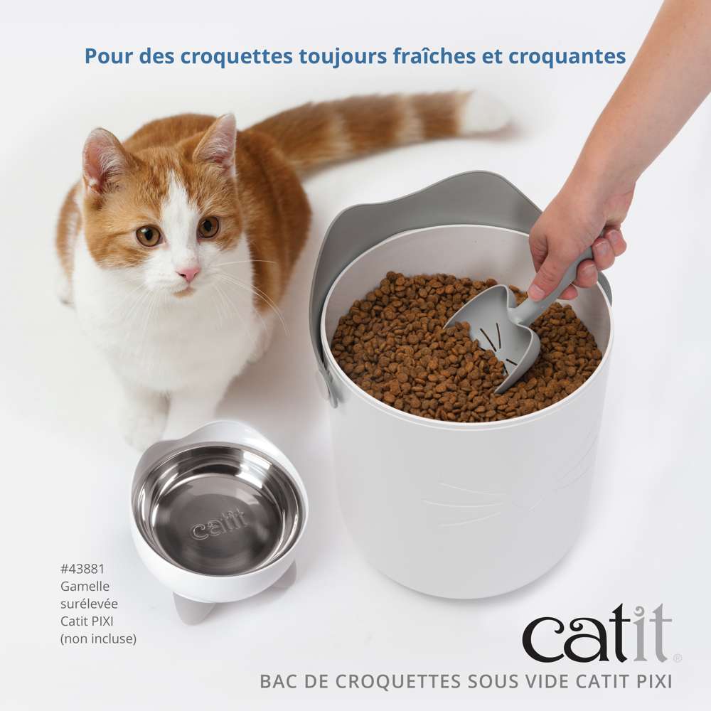 Panneau explicatif : Catit PIXI Smart Vacuum, conservation fraîche des aliments pour chat.