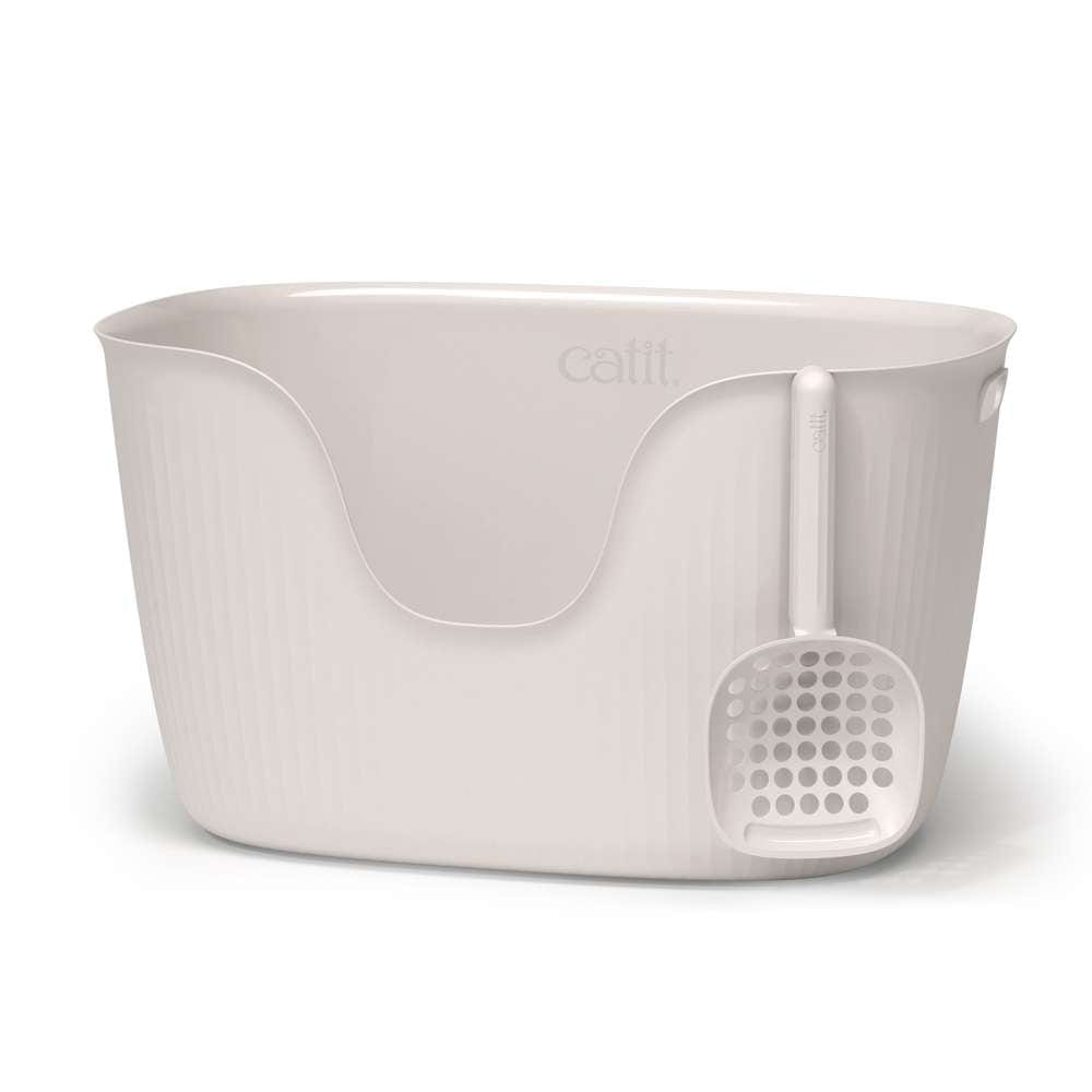 Bac à litière Catit LOO avec pelle, design blanc et gris, couvercle relevable, compact et hygiénique.