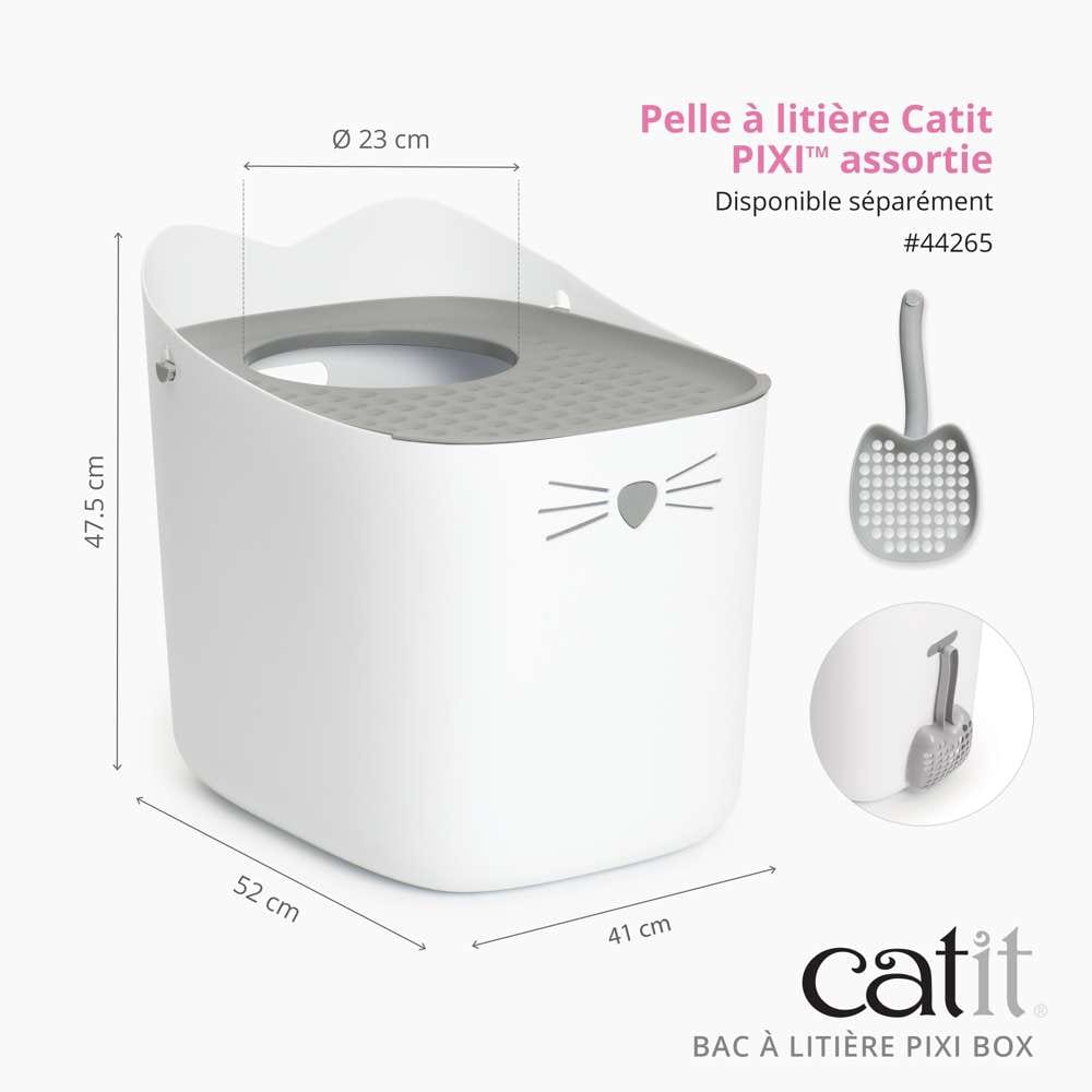 Largeur : 41 cm, hauteur : 47,5 cm, profondeur : 52 cm. Diamètre de l'entrée : 23 cm. Pelle à litière Catit PIXI assortie. Disponible séparément (#44265)