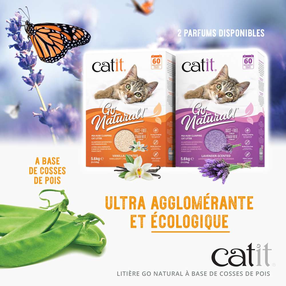 Litière Catit Go Natural à base de cosses de pois. Parfums vanille, lavande, sans odeur. Écologique, agglomérante.