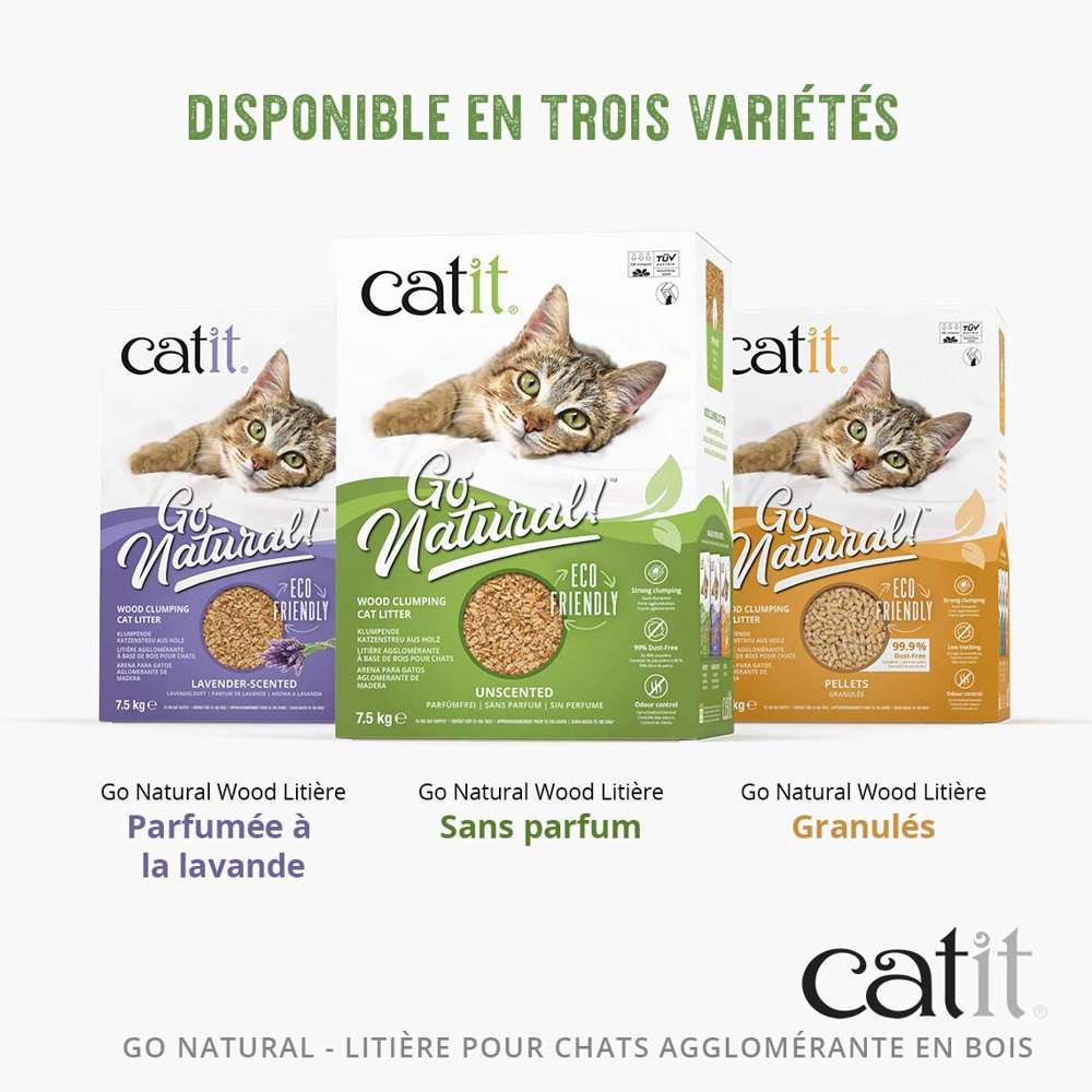 Les emballages des différentes sortes de litière pour chat sont placés côte à côte.