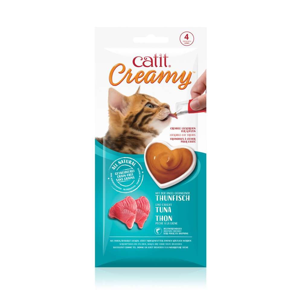 Friandises à lécher Catit Creamy au thon, paquet de 4, emballage pratique et appétissant.