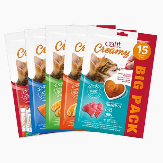 Groupe de paquets 15 tubes Catit Creamy toutes saveurs : poulet, agneau, saumon, thon, mix.