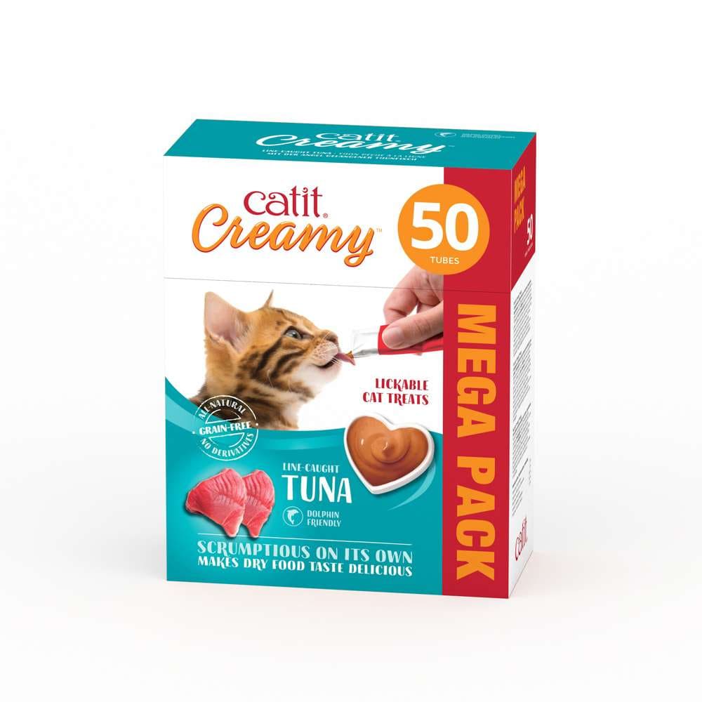 Boîte de 50 friandises Catit Creamy saveur thon, vue d’angle gauche, sur fond blanc.