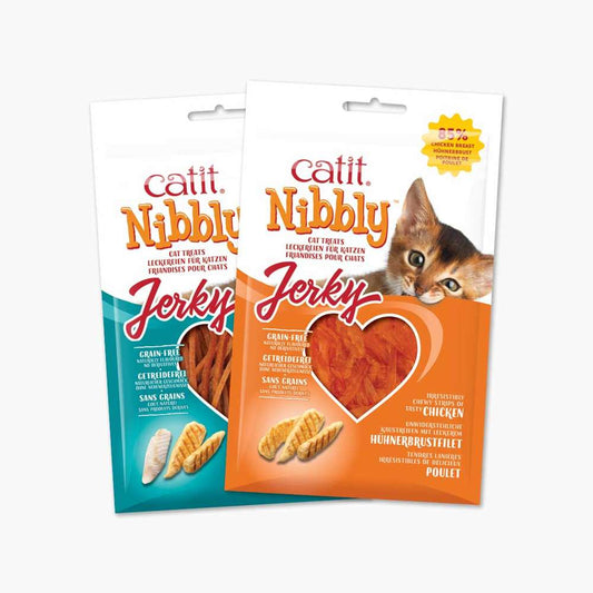 Gamme de friandises Catit Nibbly Jerky, emballages variés pour chats gourmands.