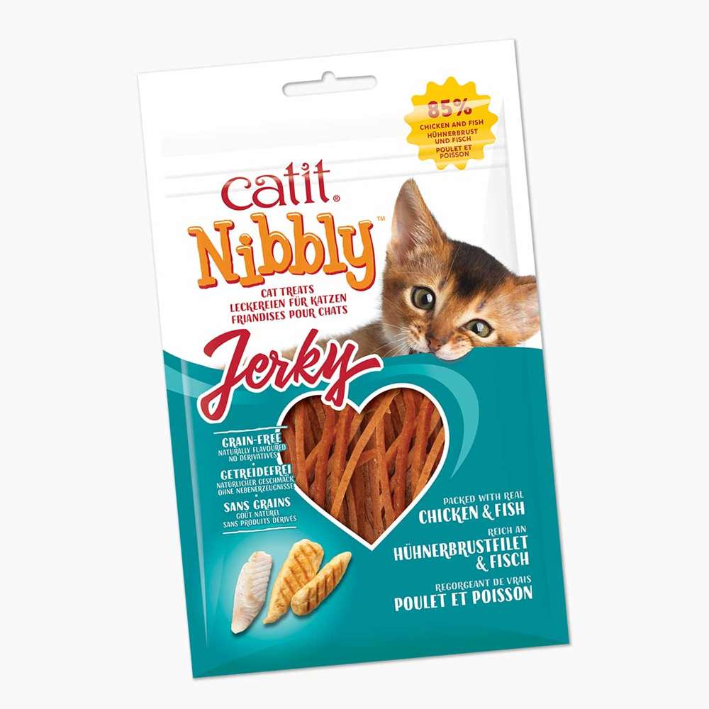 Friandises Catit Nibbly Jerky au poulet et poisson, délicieuses et nutritives.