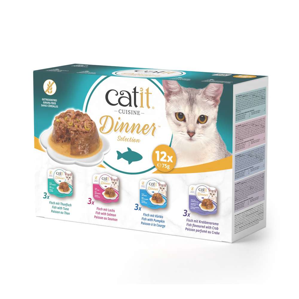 Boîte multipack Catit Cuisine Dinner. 12x75g de terrines au poisson : thon, saumon, crabe, courge. Alimentation complète.