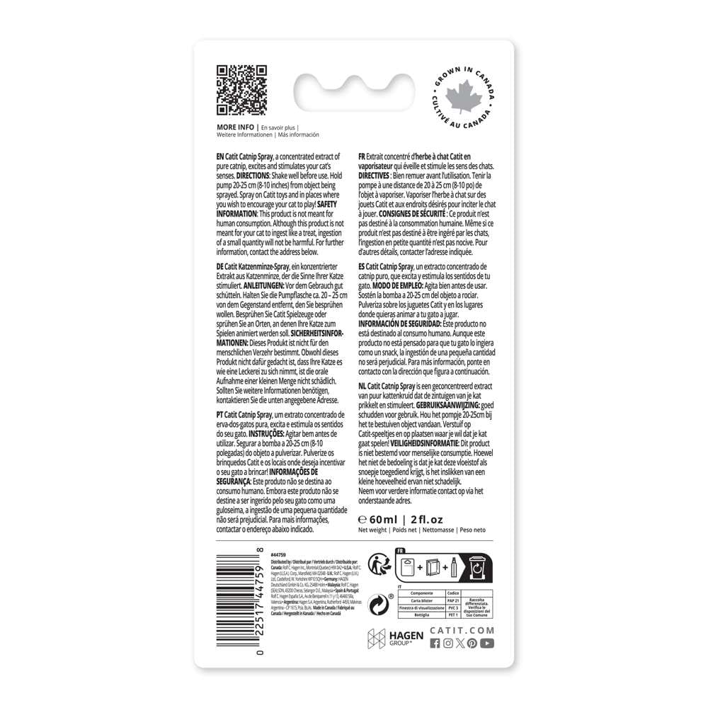Informations et mode d’emploi du spray à l’herbe à chat Catit sur l’emballage arrière.