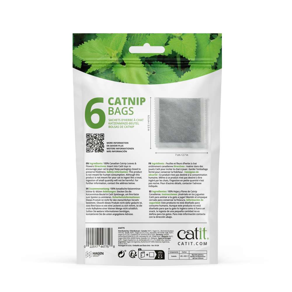 Vue arrière de l'emballage montrant six sachets de cataire, texte multilingue.