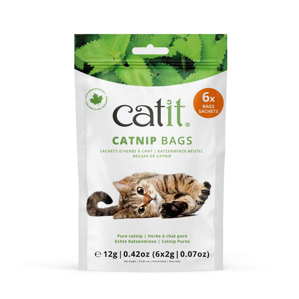 Emballage Catit contenant six sachets d'herbe à chat pure, avec un chat tigré couché dessus.