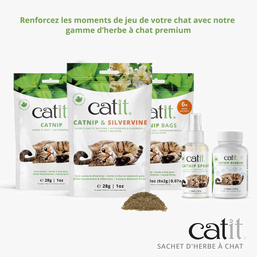Plusieurs emballages de la marque Catit contenant de l'herbe à chat, dont du catnip et silvervine, avec un tas d'herbe à chat en poudre devant.