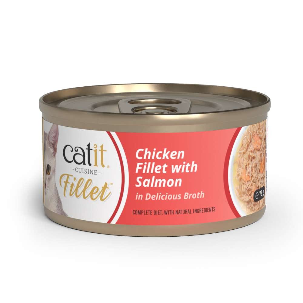 Emballage Catit Cuisine Fillet. Filet de poulet avec saumon dans un bouillon savoureux. Alimentation complète.
