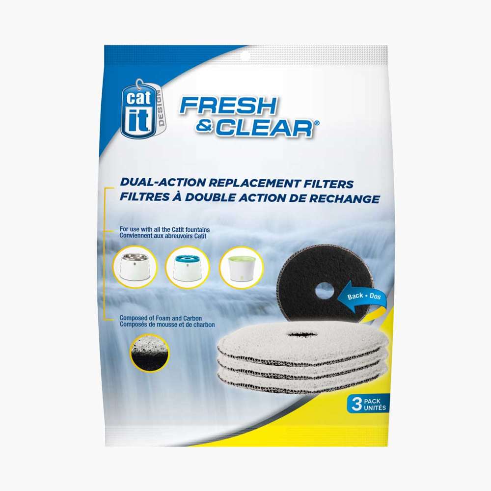 Emballage de filtres de remplacement Catit Fresh & Clear pour fontaines à eau, action double, mousse et charbon, paquet de trois unités.