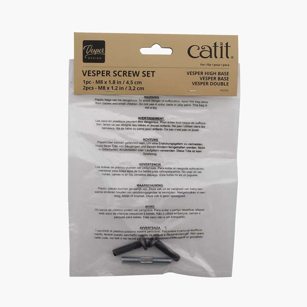 Sac en plastique transparent contenant des vis de rechange de différentes tailles, avec un emballage en carton beige portant les mentions 'VESPER SCREW SET' et 'catit'.