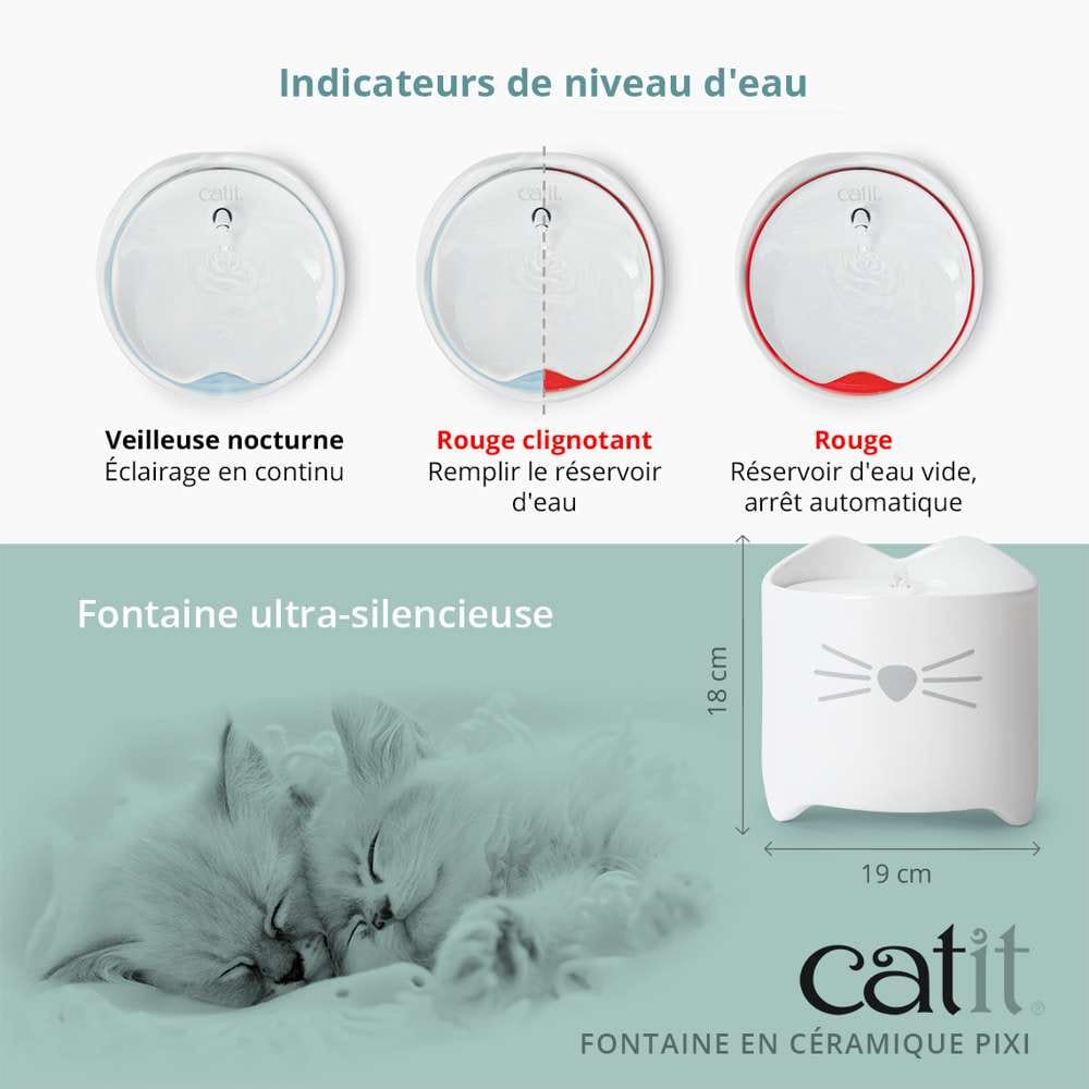 Indicateurs de niveau d'eau. Veilleuse nocturne : éclairage en continu. Rouge clignotant : remplir le réservoir d'eau. Rouge : réservoir d'eau vide, arrêt automatique. Diamètre : 19 cm, hauteur : 18 cm.