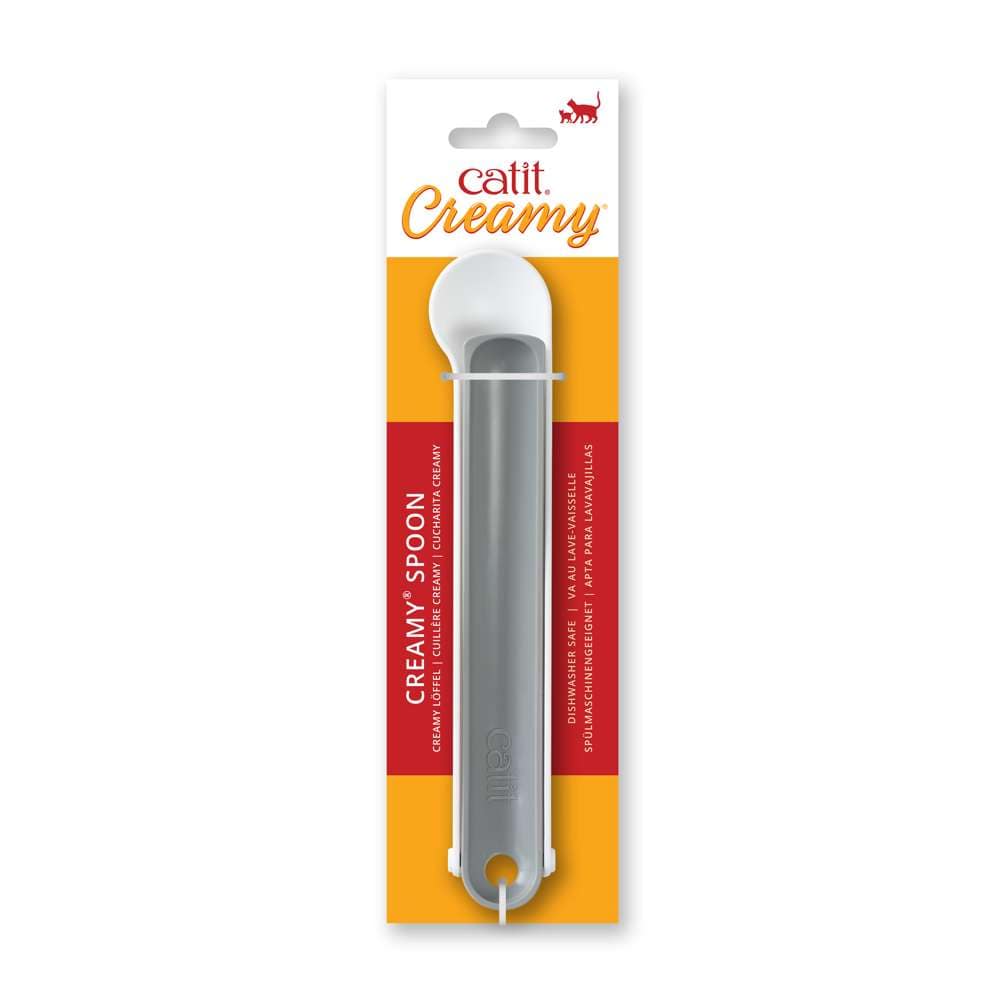 Emballage individuel de la cuillère Catit Creamy beige avec logo et image de chat.