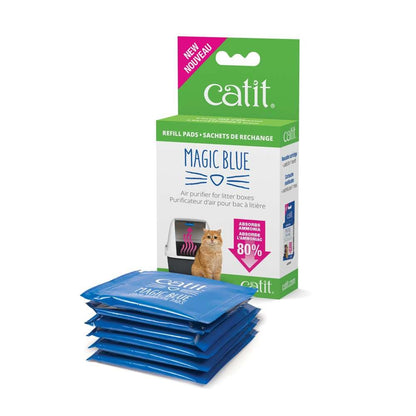Emballage vert de recharge Catit Magic Blue avec plusieurs sachets bleus empilés devant, destiné à purifier l'air des bacs à litière.