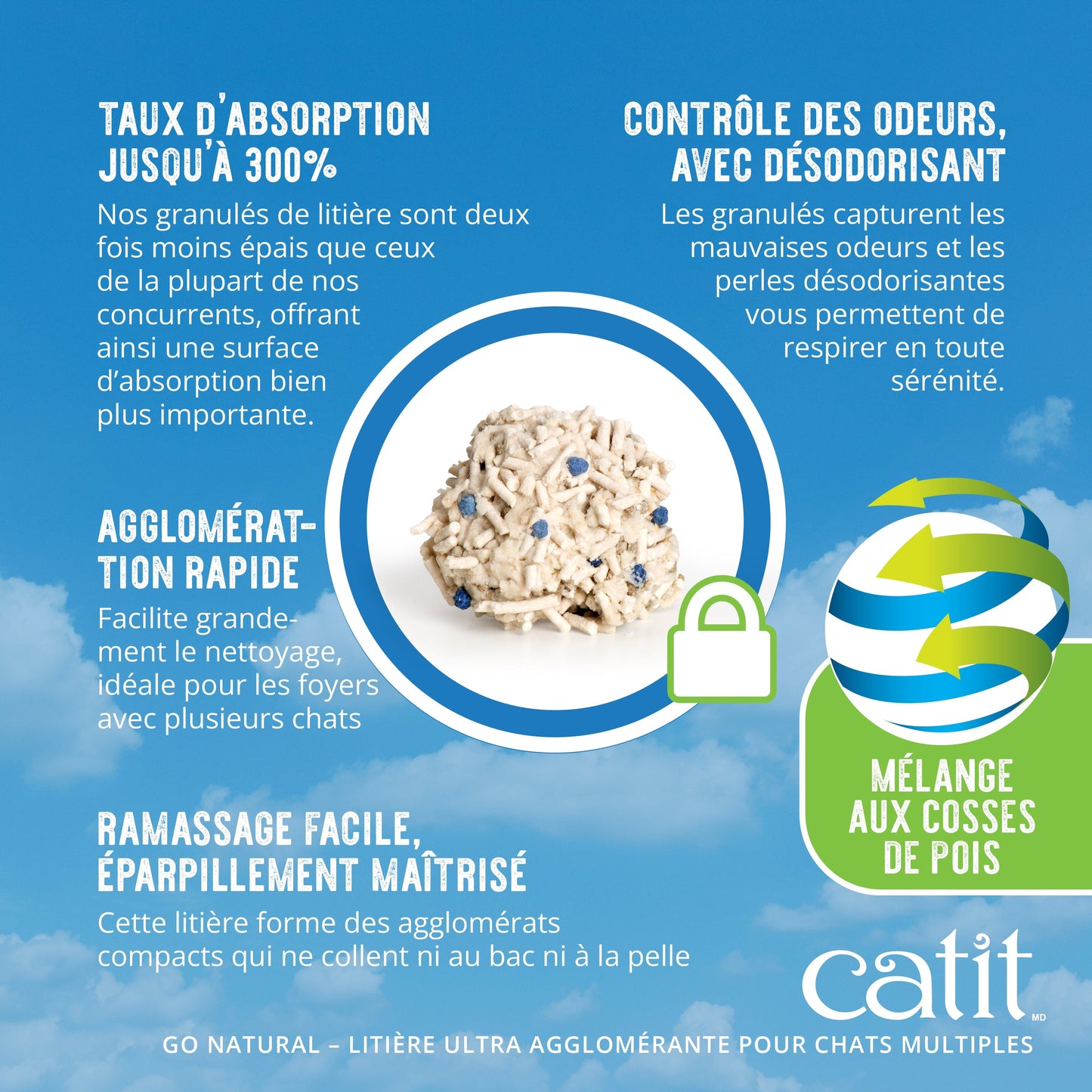 Litière agglomérante pour chat en cosses de pois et bentonite - Catit Go Natural