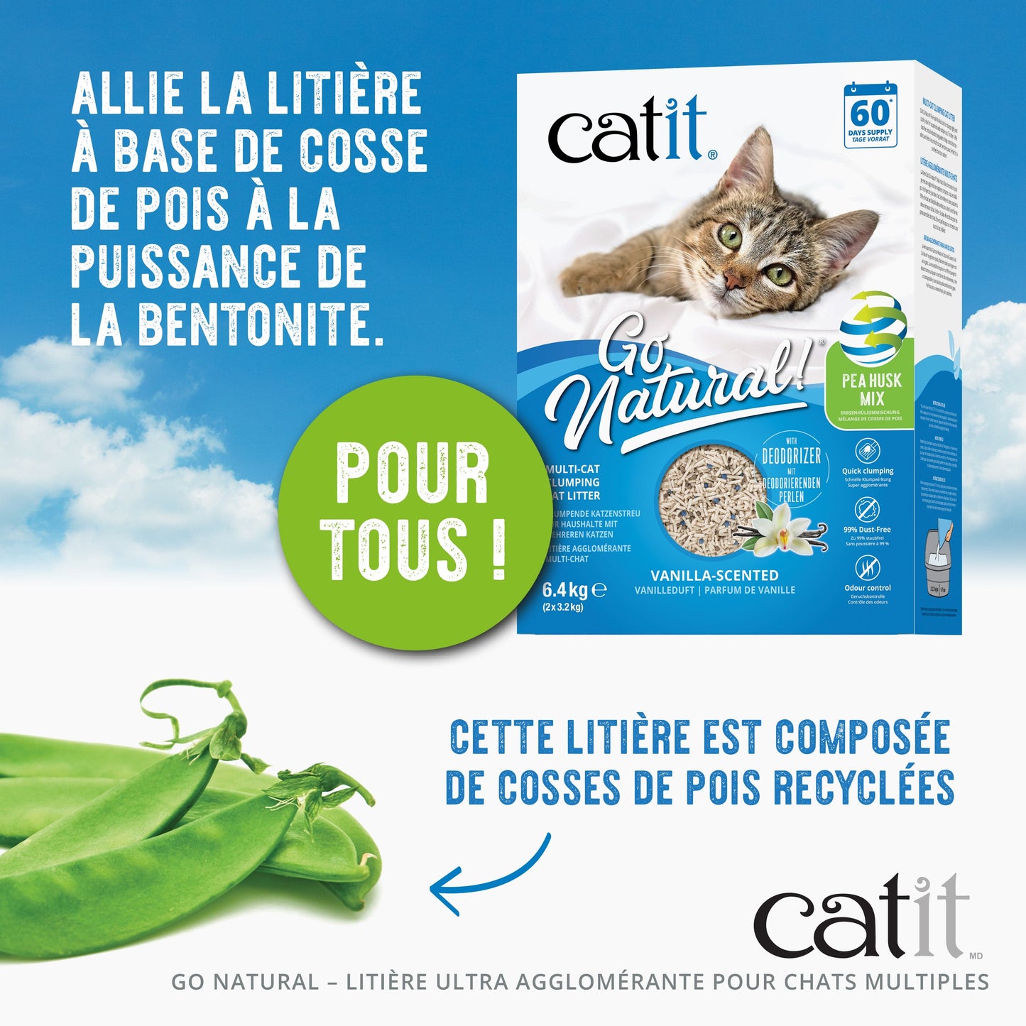 Litière agglomérante pour chat en cosses de pois et bentonite - Catit Go Natural